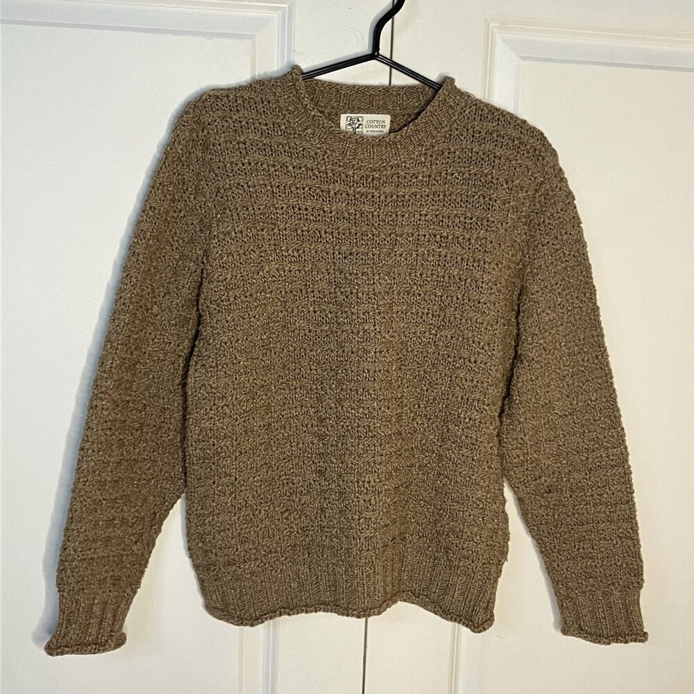 Cotton Country Chunky Knit Sweater Womens S Rolled‎ Collar 3D Beige Neutral Cozy